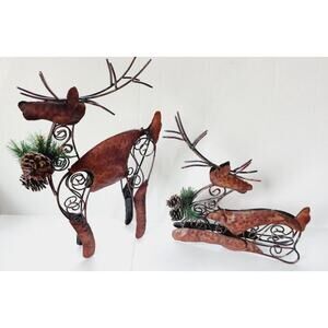 Pair of Rustic holiday metal art reindeer standing & sitting pinecones greenery
